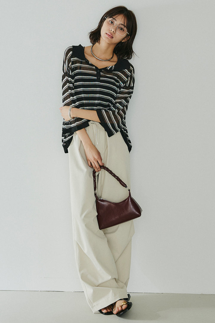 [SET]ボーダーニットポロシャツ+ニーサイドタックウエストドロスパンツ(2set)