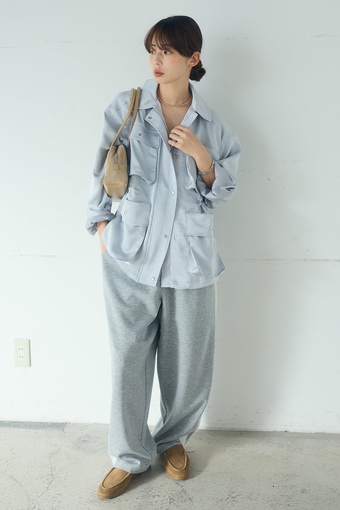[SET]サテンライトブルゾン+異素材切り替えスウェットパンツ(2set)