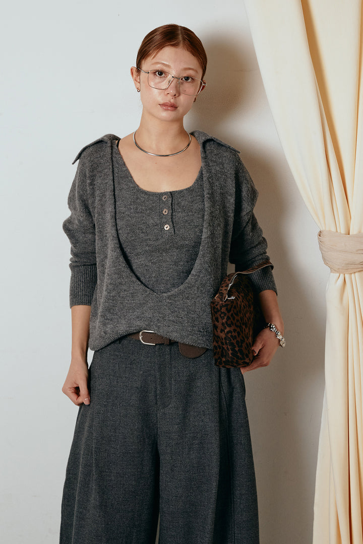 [SET]襟付きレイヤードニットトップス+ポーチベルト付きカーブパンツ(2set)