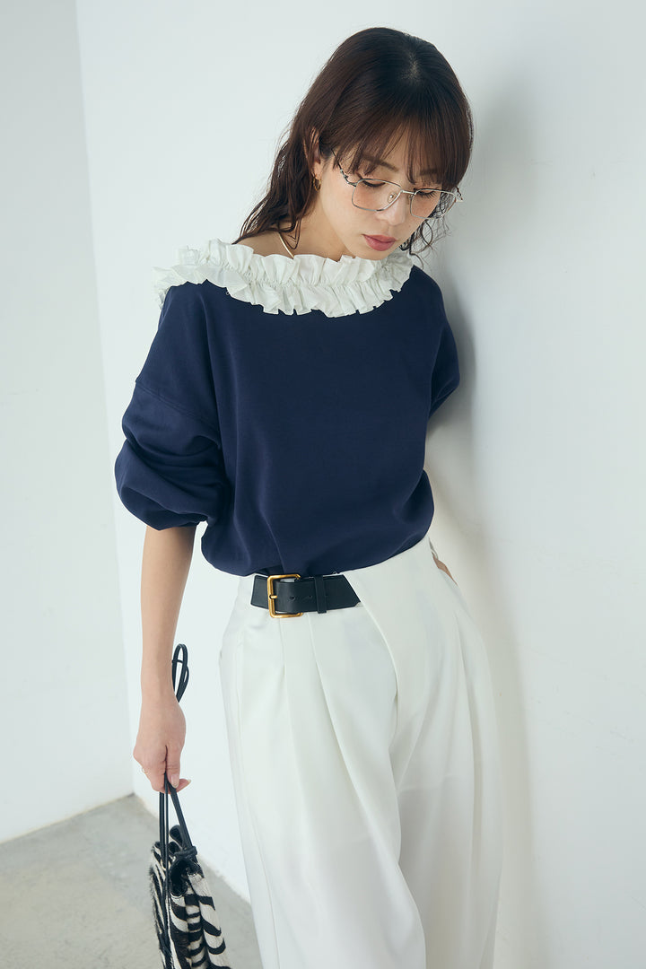 [SET]ネックギャザーフリルスウェット+サイドベルトタック入りスラックス(2set)