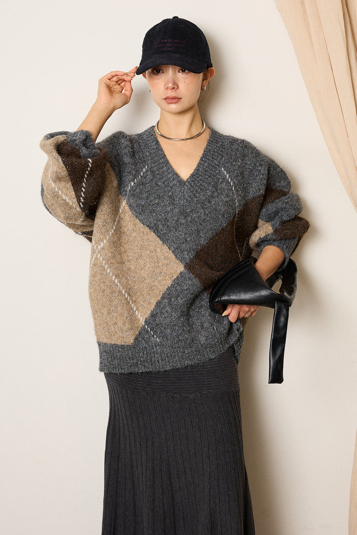 【着回しセット】[SET]ルーズアーガイルVネックニット+ルーズアーガイルVネックニット(2set)