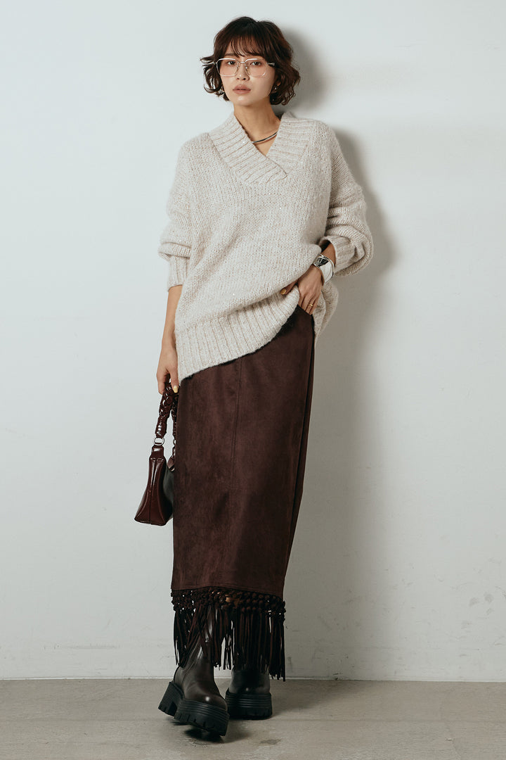 [SET]Vネックラメニットトップス+スウェードライク裾フリンジスカート(2set)