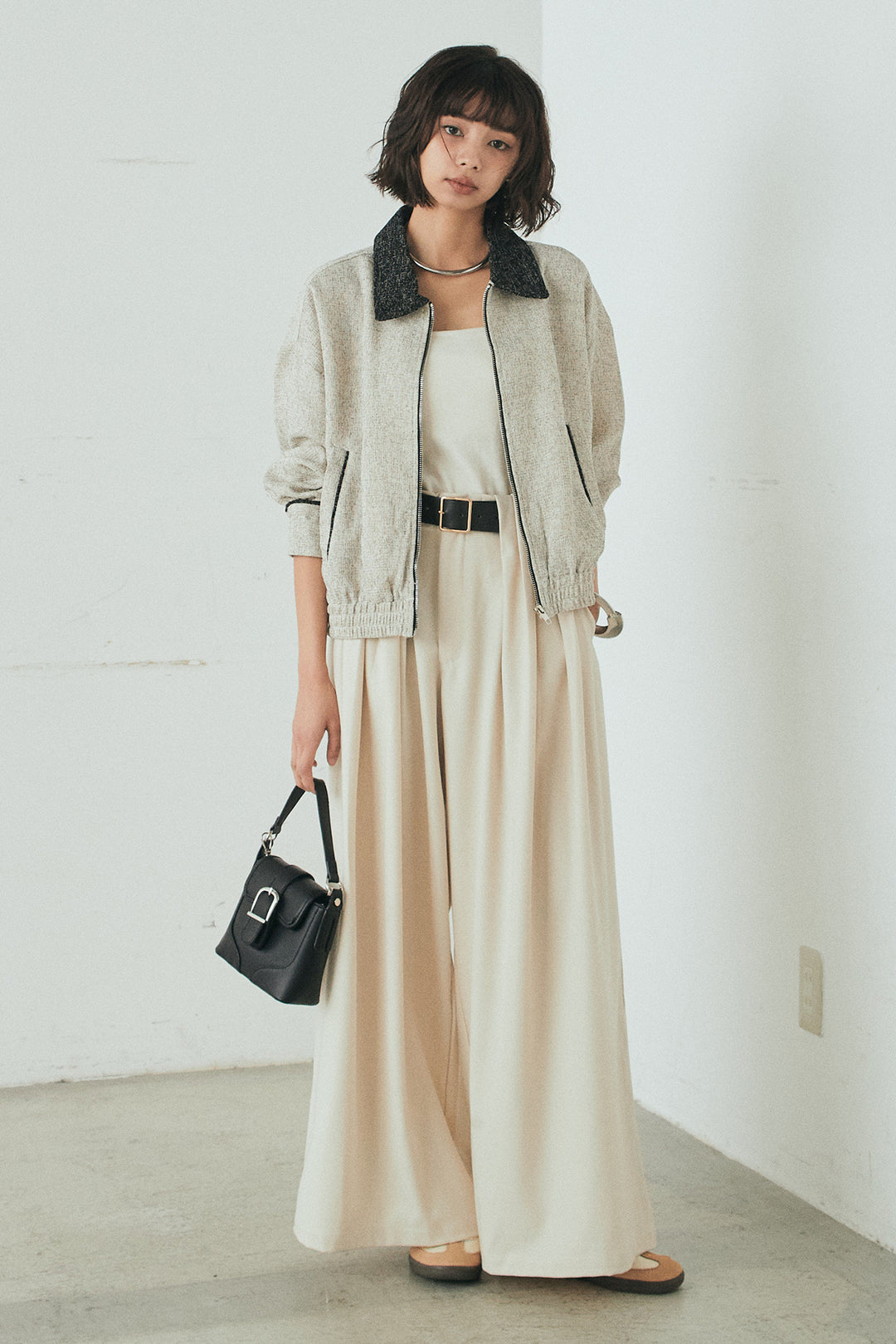 [SET]ツイード配色パイピングブルゾン+ベルト付きタックデザインハイウエストロングパンツ(2set)