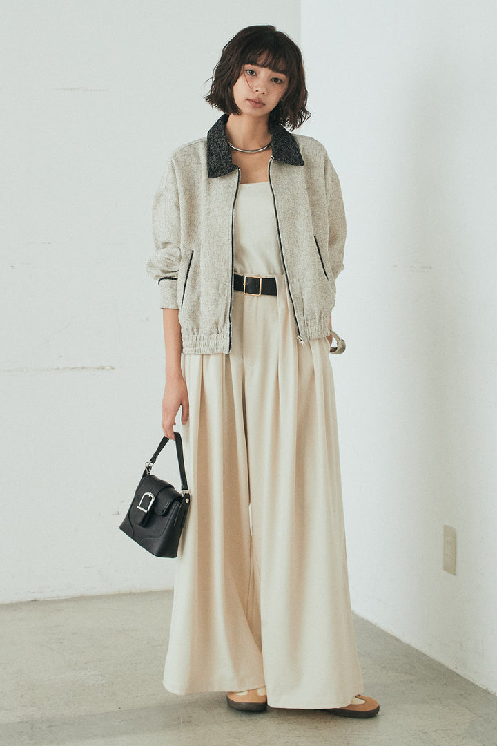 [SET]ツイード配色パイピングブルゾン+ベルト付きタックデザインハイウエストロングパンツ(2set)