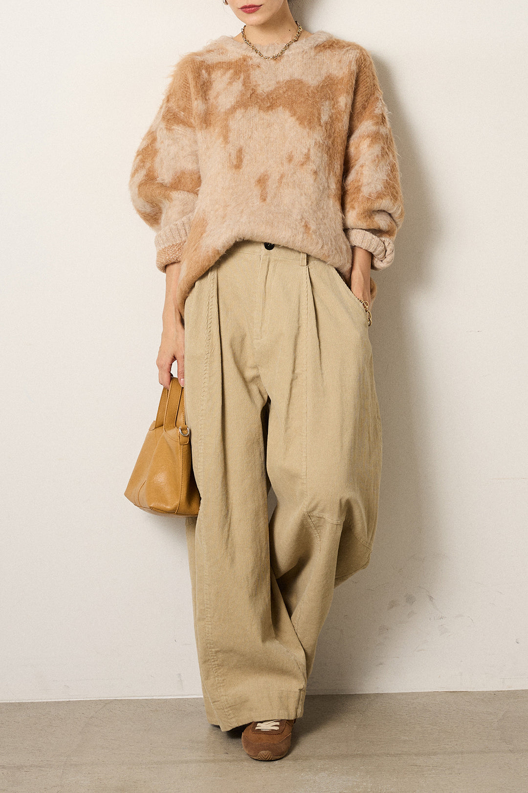 [SET]モヘアタッチマーブルニット+タック入りコーデュロイワイドパンツ(2set)