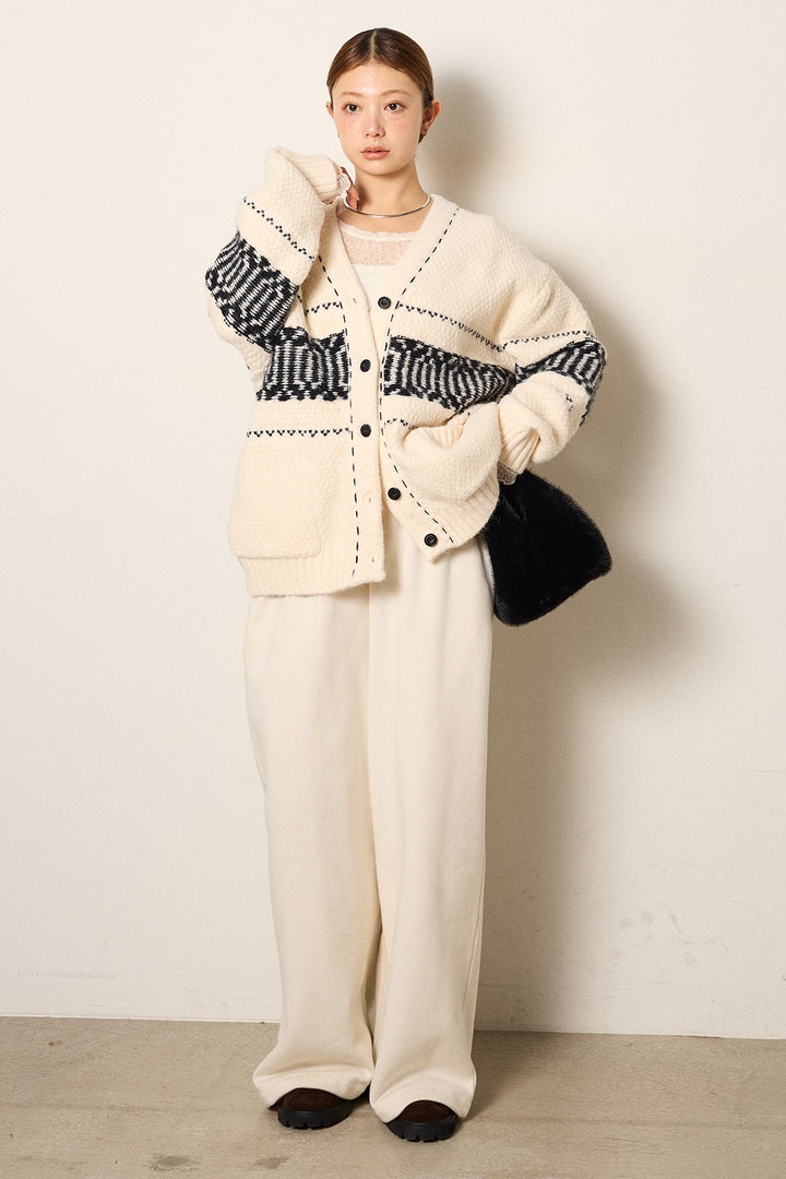 [SET]ライン柄ステッチニットカーディガン+裏起毛スウェットワイドパンツ(2set)