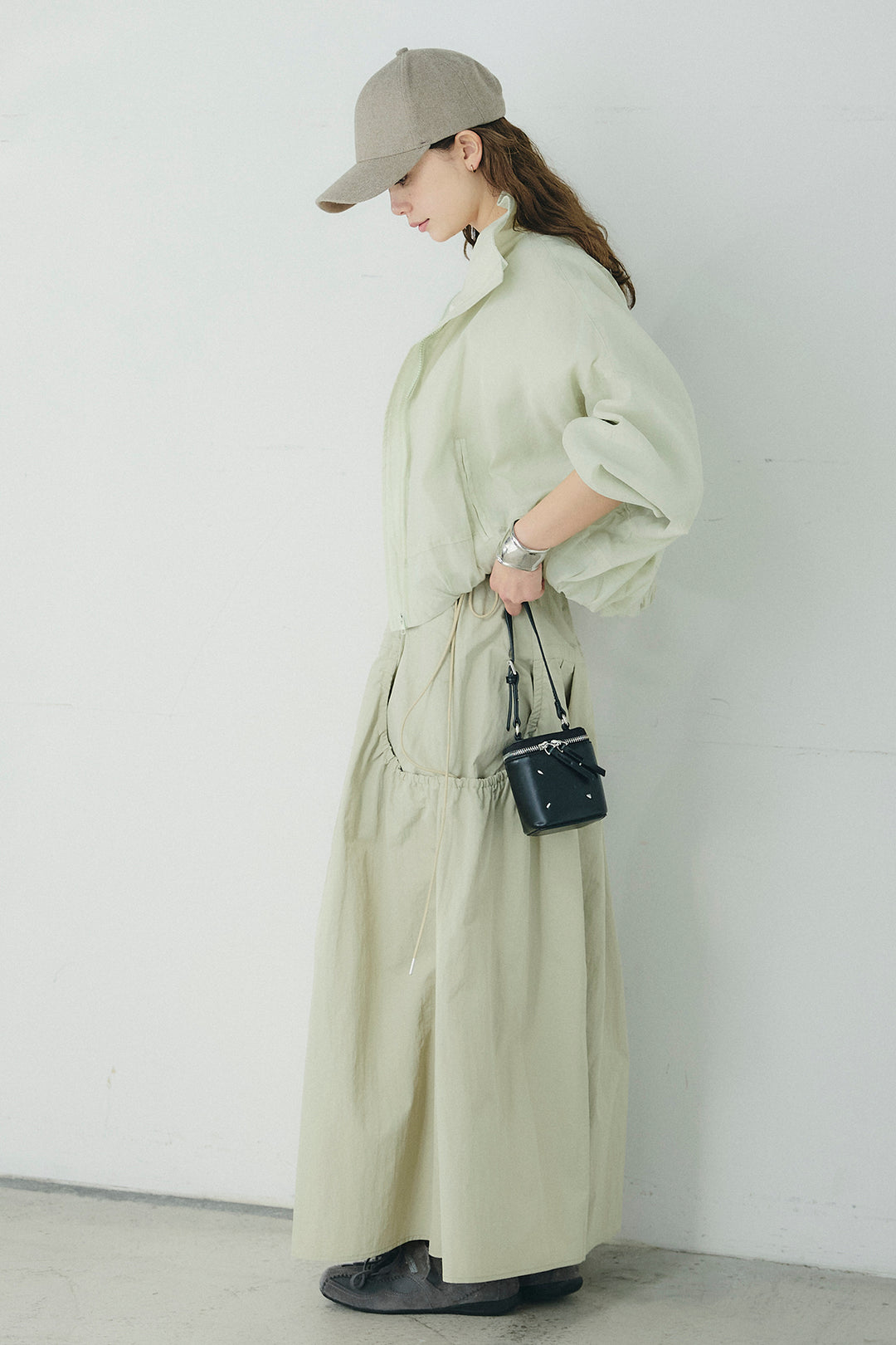 [SET]スタンドネックシアーブルゾン+ナイロンデザインフレアスカート(2set)