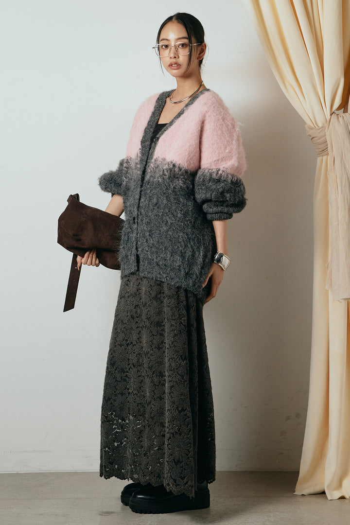 [SET]起毛グラデーションニットカーディガン+花柄刺繍ベロアフレアスカート(2set)