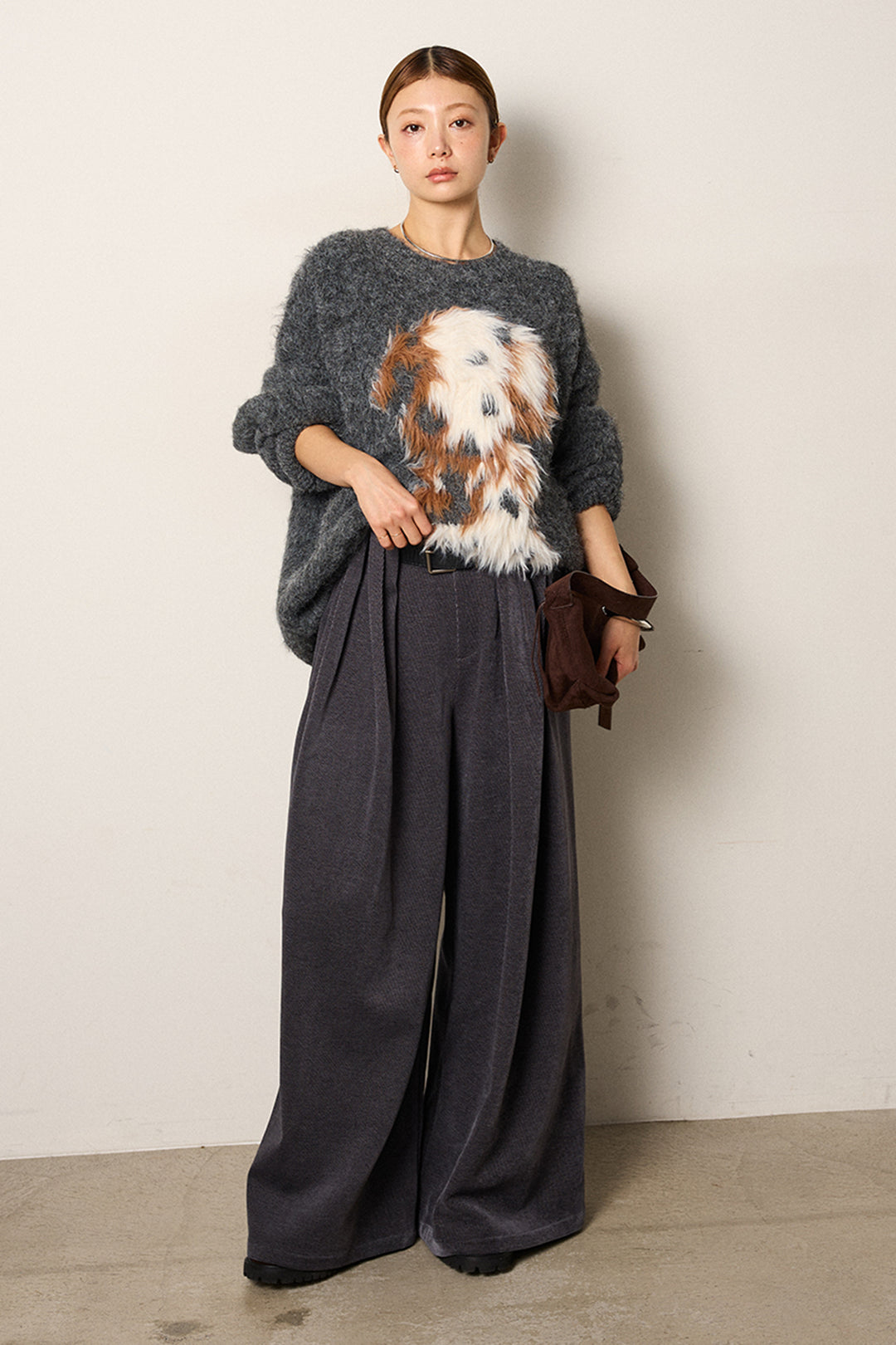 [SET]シャギーニュアンスアニマルニット+ベルトループコーデュロイワイドパンツ(2set)