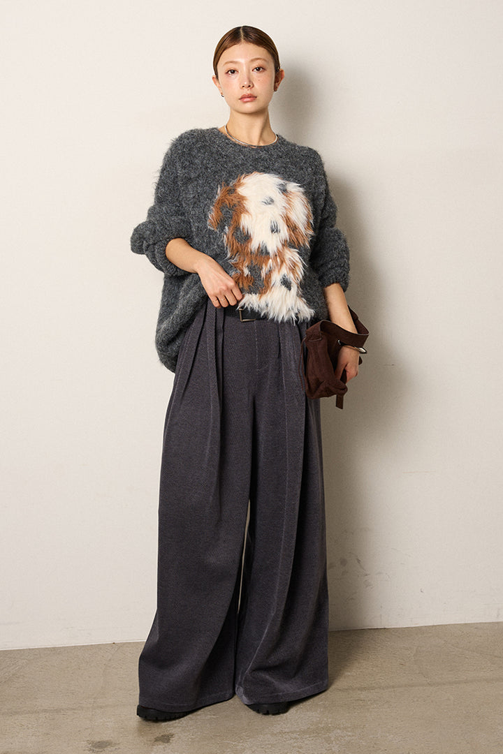 [SET]シャギーニュアンスアニマルニット+ベルトループコーデュロイワイドパンツ(2set)