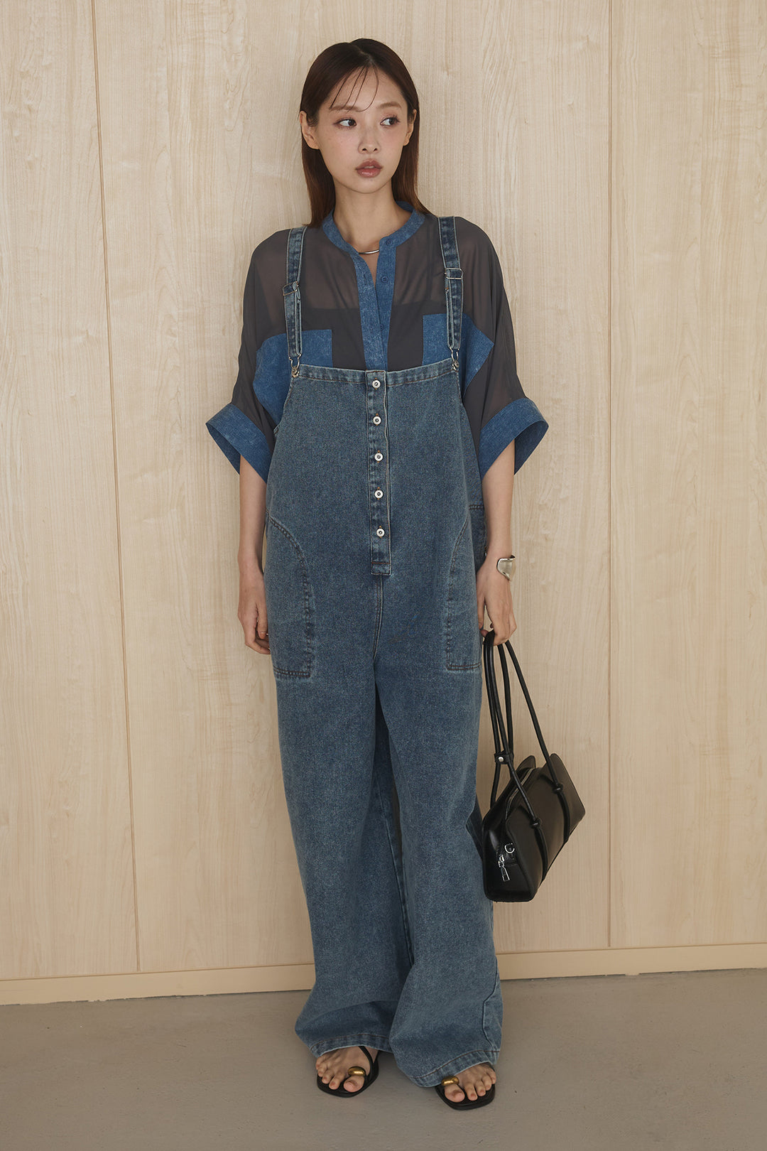 [SET]デニムライクビッグツーポケシアーシャツ+フロントボタンデニムサロペット(2set)