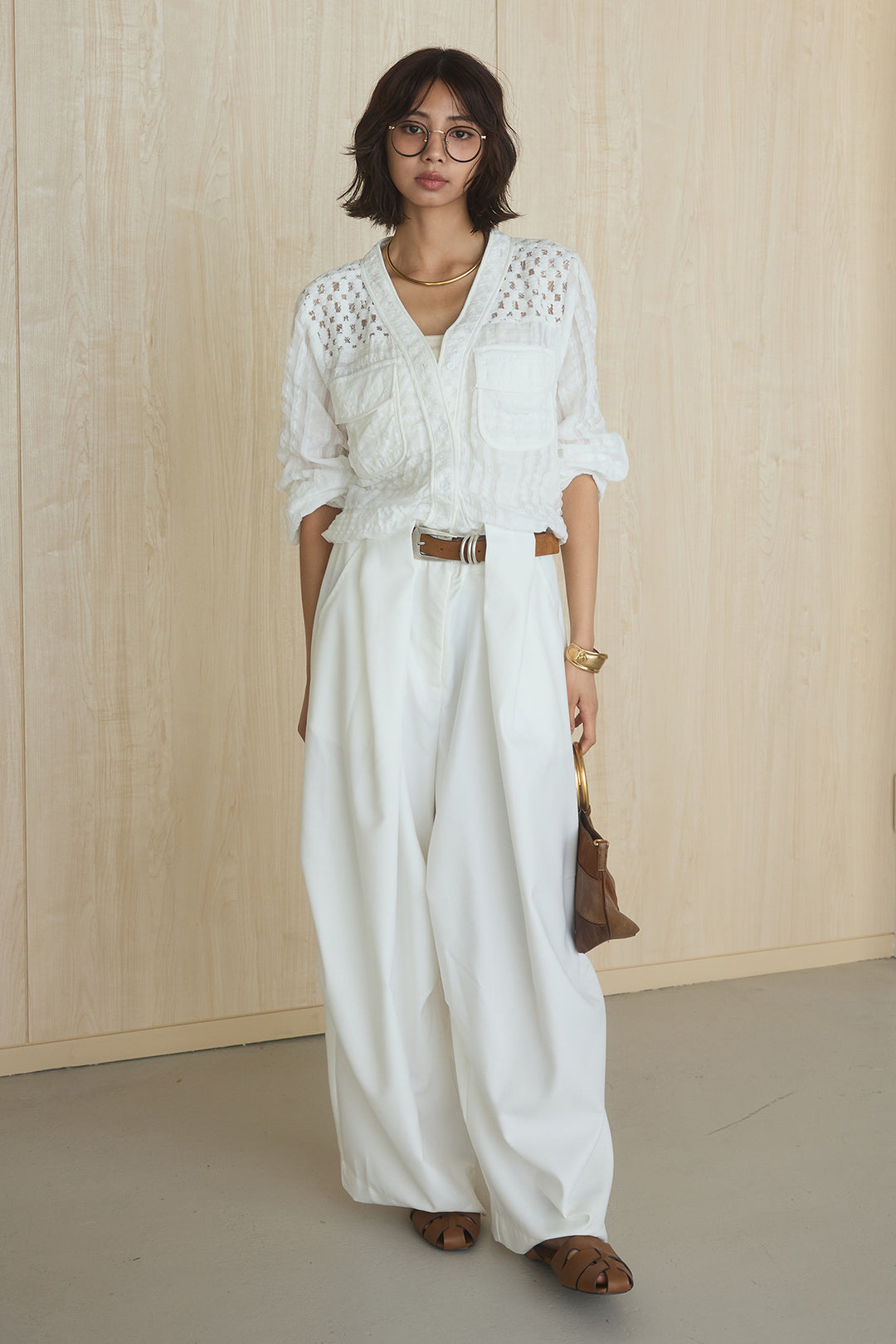 [SET]異素材切替シアーメッシュカーディガン+ベルトループワイドパンツ(2set)