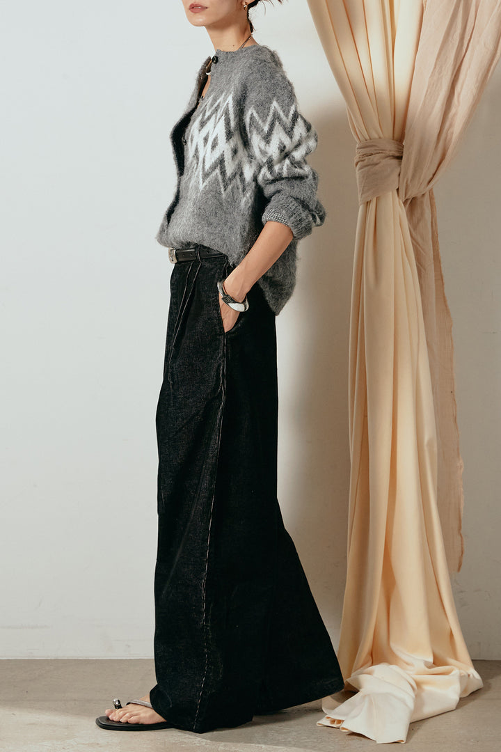 [SET]起毛ノルディック柄ニットカーディガン+フロントタック入りコーデュロイパンツ(2set)