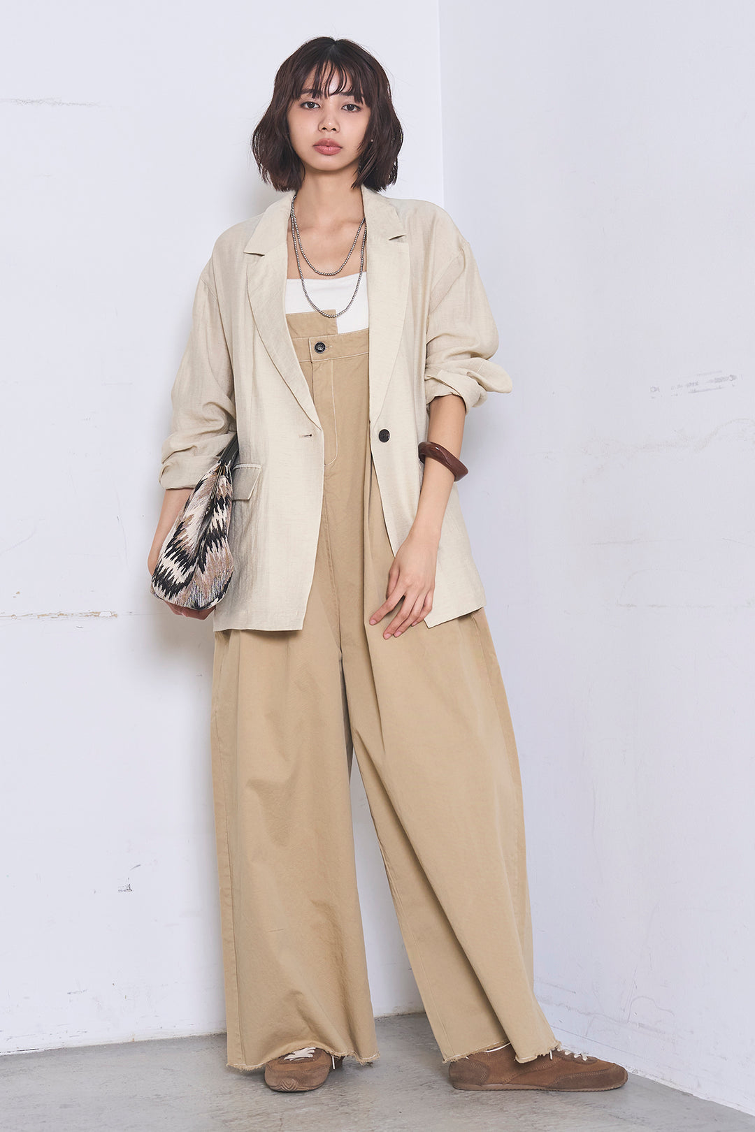 [SET]リネンブレンドテーラードシアージャケット+綿ツイルアシメサロペット(2set)