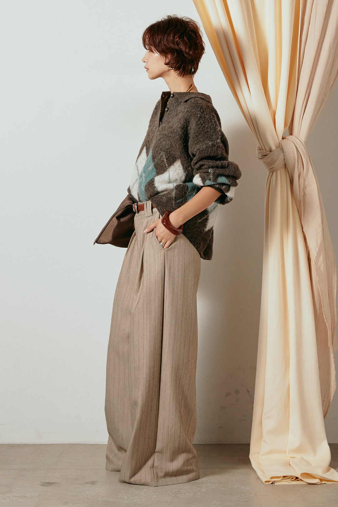 [SET]アーガイル柄ポロニットトップス+ストライプヘリンボーンパンツ(2set)