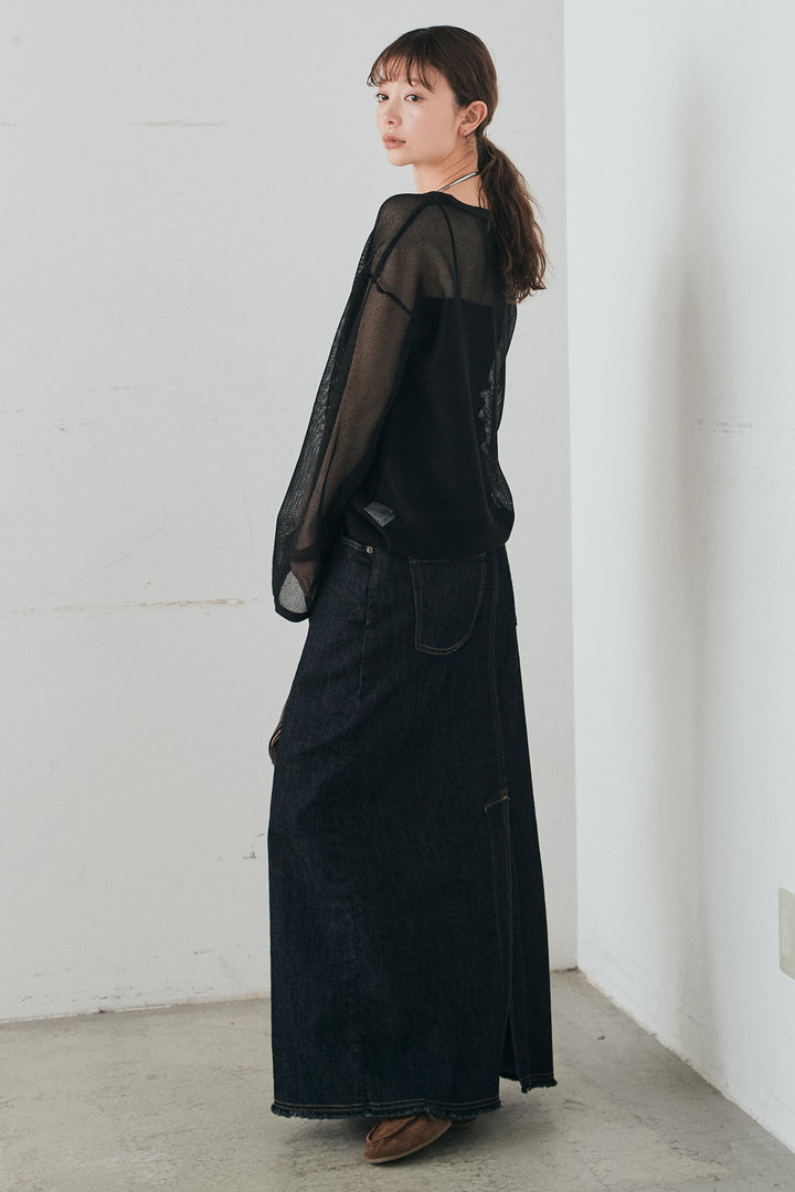 [SET]メッシュカットソースキッパープルオーバー+ウエストクロスデニムタイトスカート(2set)