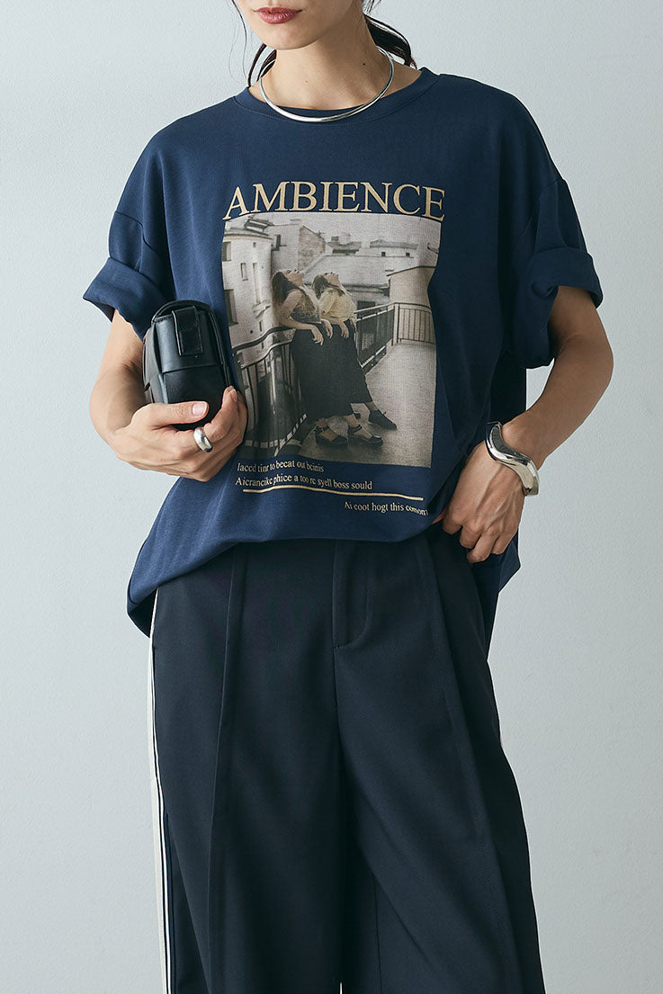 [SET]AMBIENCEフォトプリントTシャツ+サイドラインワイドスラックスパンツ(2set)