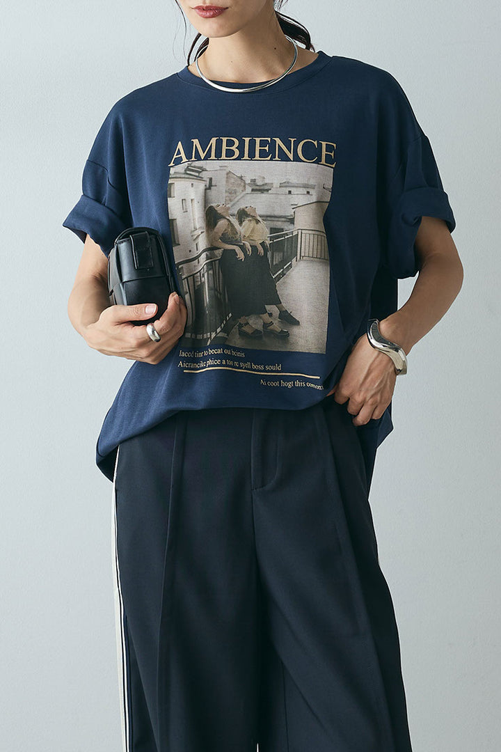 [SET]AMBIENCEフォトプリントTシャツ+サイドラインワイドスラックスパンツ(2set)