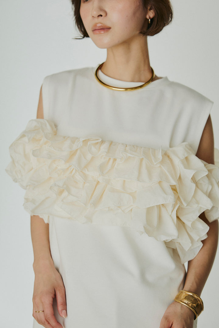 [SET]天竺ナイロンドッキングビスチェ風トップス+オーガンジータックパンツ(2set)