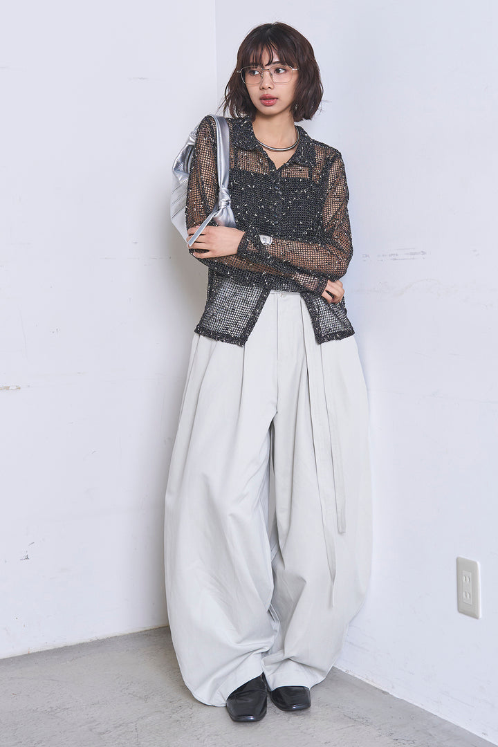 [SET]ネップメッシュポロ襟カーディガン+紐ベルト付きカーブワイドパンツ(2set)