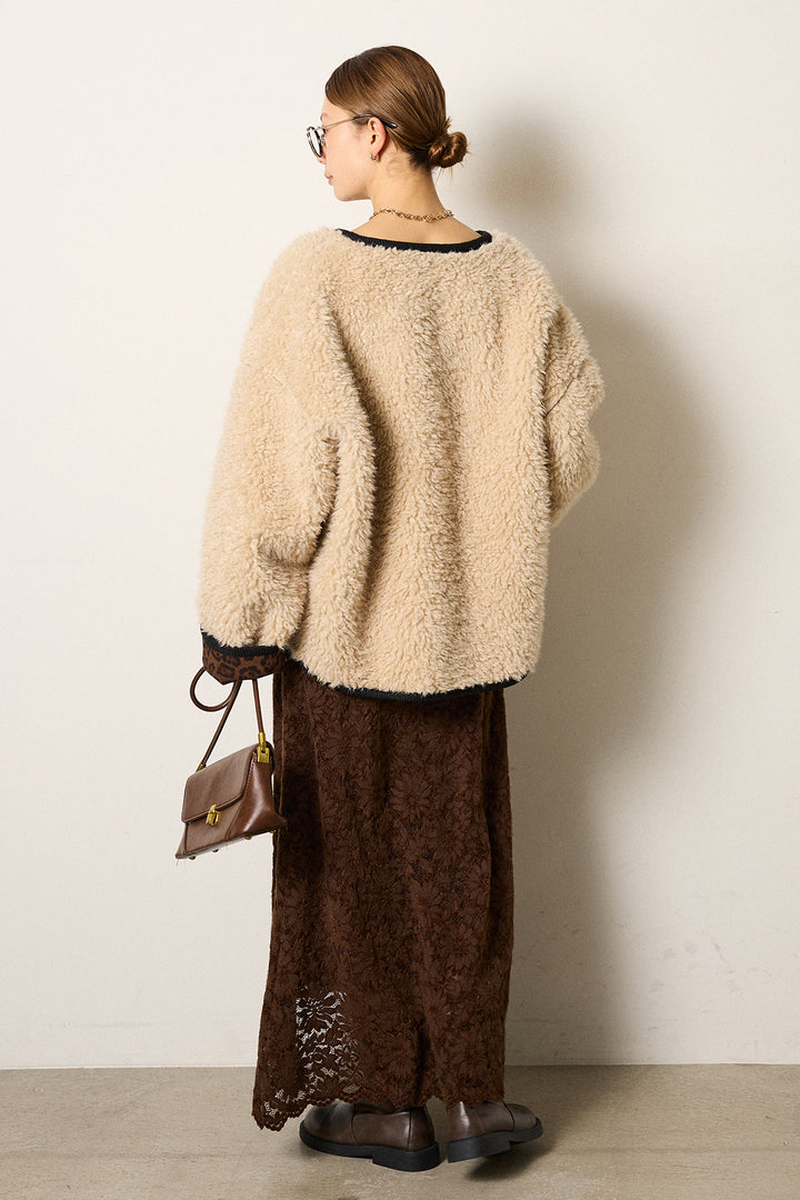 [SET]ノーカラー裏地レオパードボアアウター+花柄刺繍ベロアフレアスカート(2set)