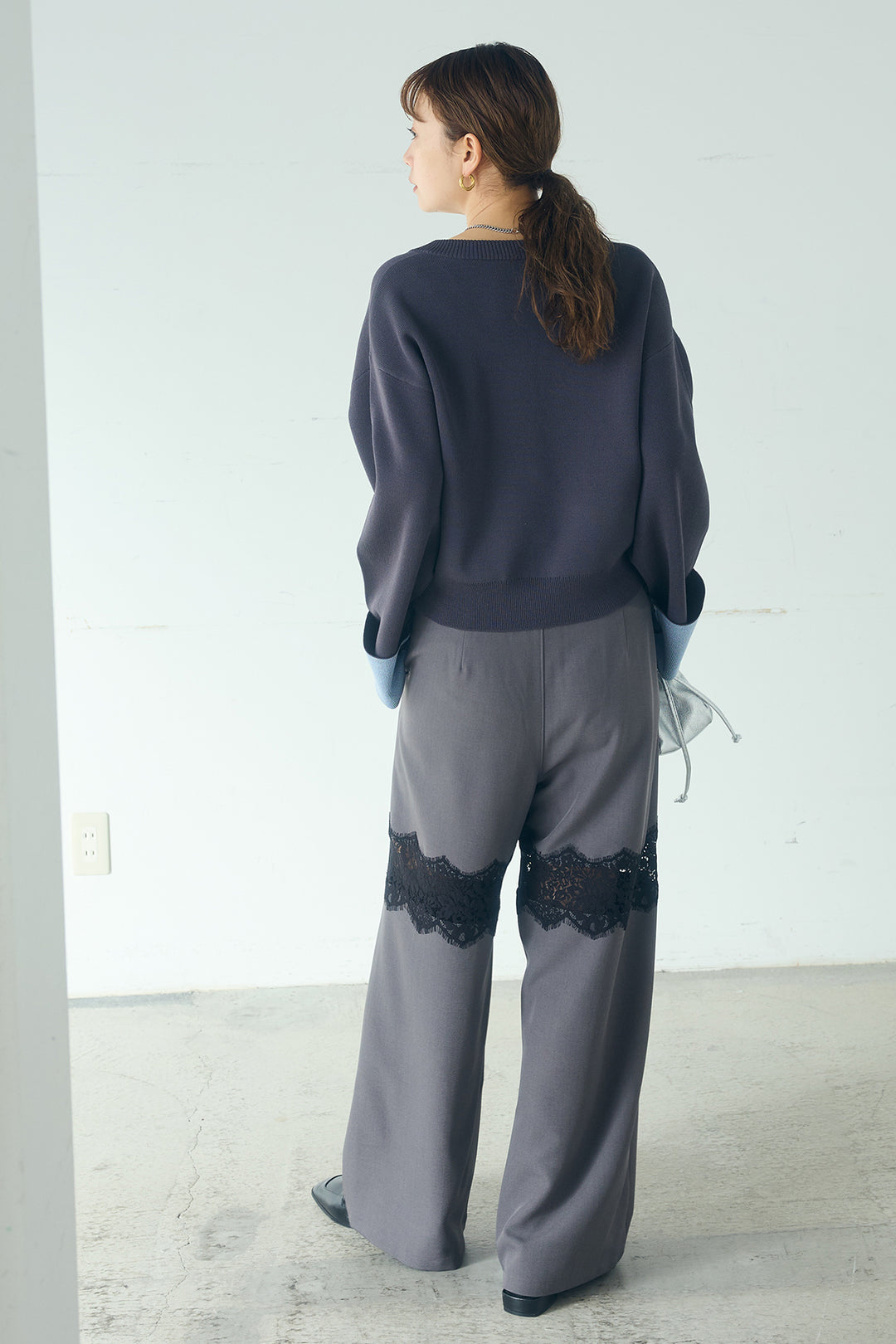 [SET]レーヨンポリダブルフェイスカーディガン+レース刺繍切替ワイドパンツ(2set)