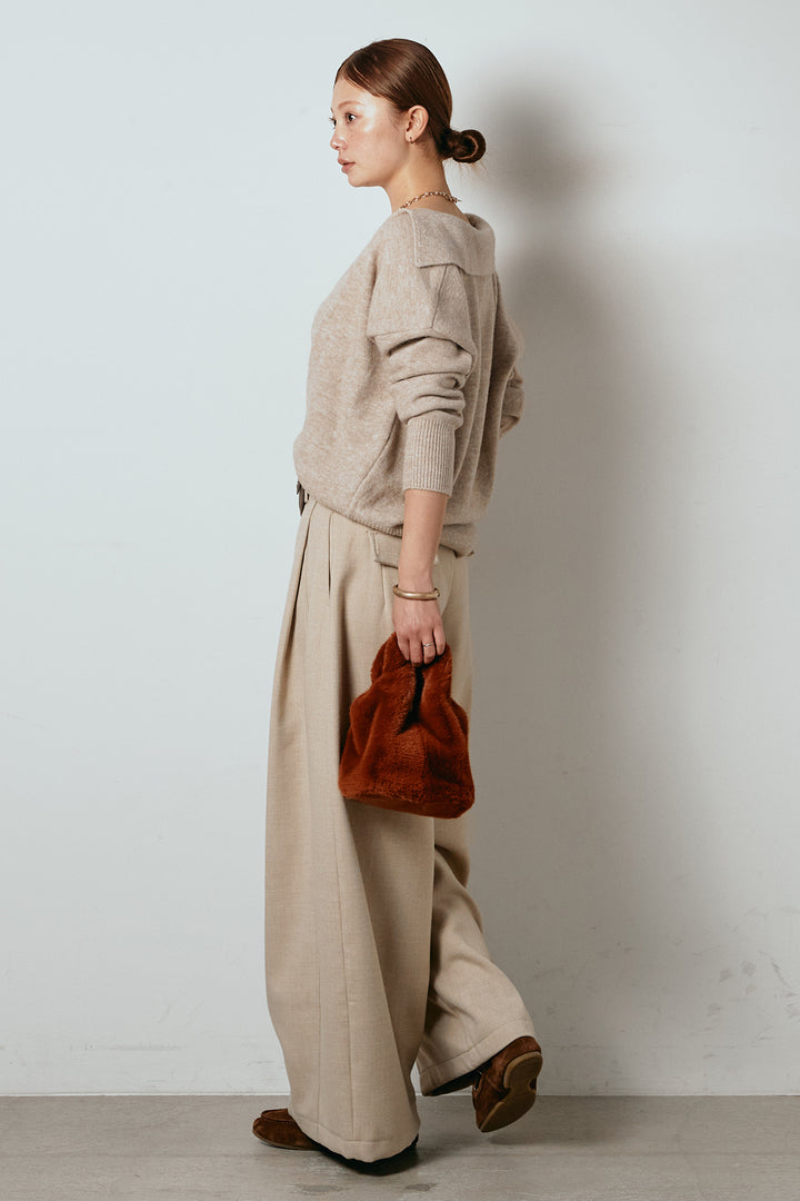 [SET]襟付きレイヤードニットトップス+ポーチベルト付きカーブパンツ(2set)