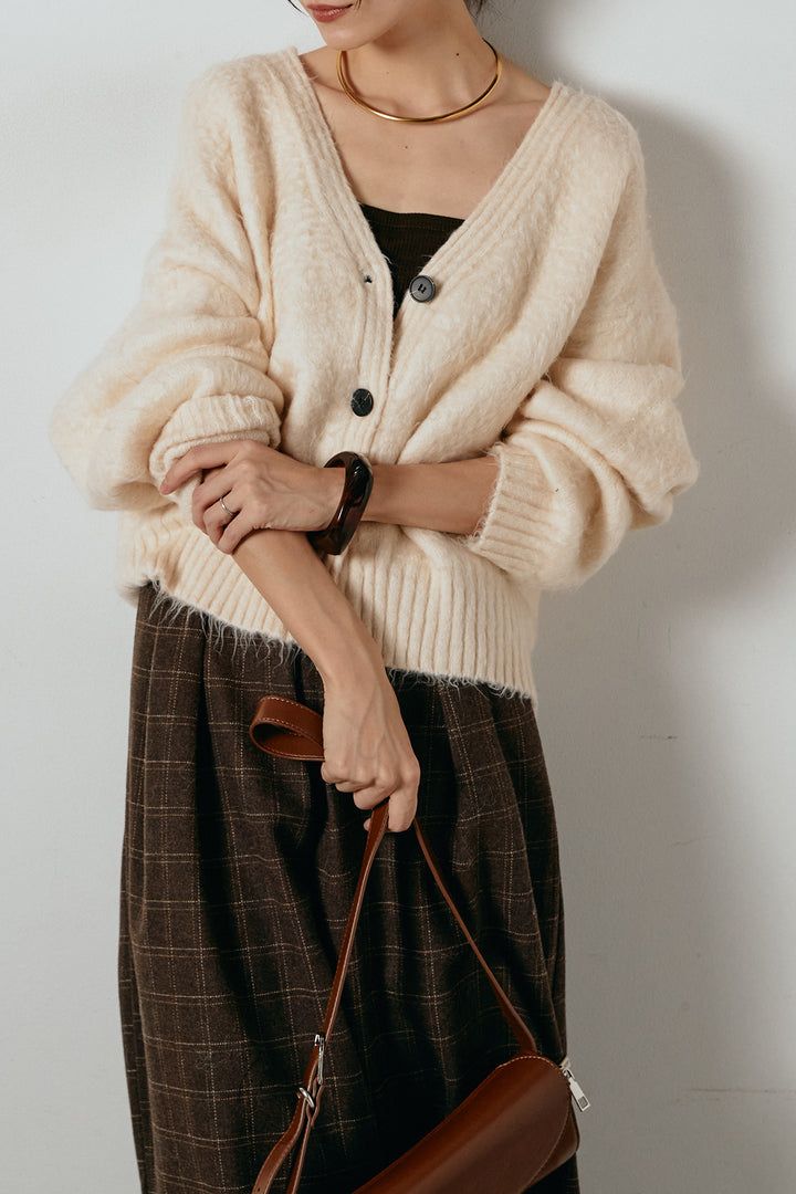 起毛ボタンニットカーディガン/アイボリー