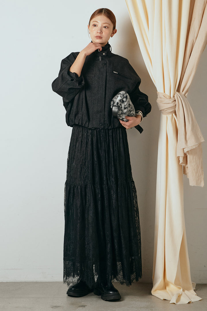 [SET]デニム調ハイネックブルゾン+ひげレース切替ロング丈スカート(2set)