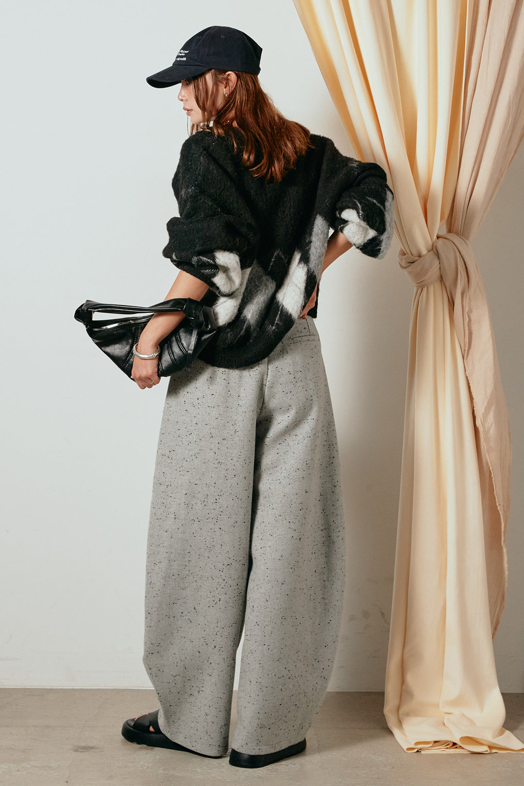 [SET]アーガイル柄ポロニットトップス+ベルト付きネップツイードカーブパンツ(2set)