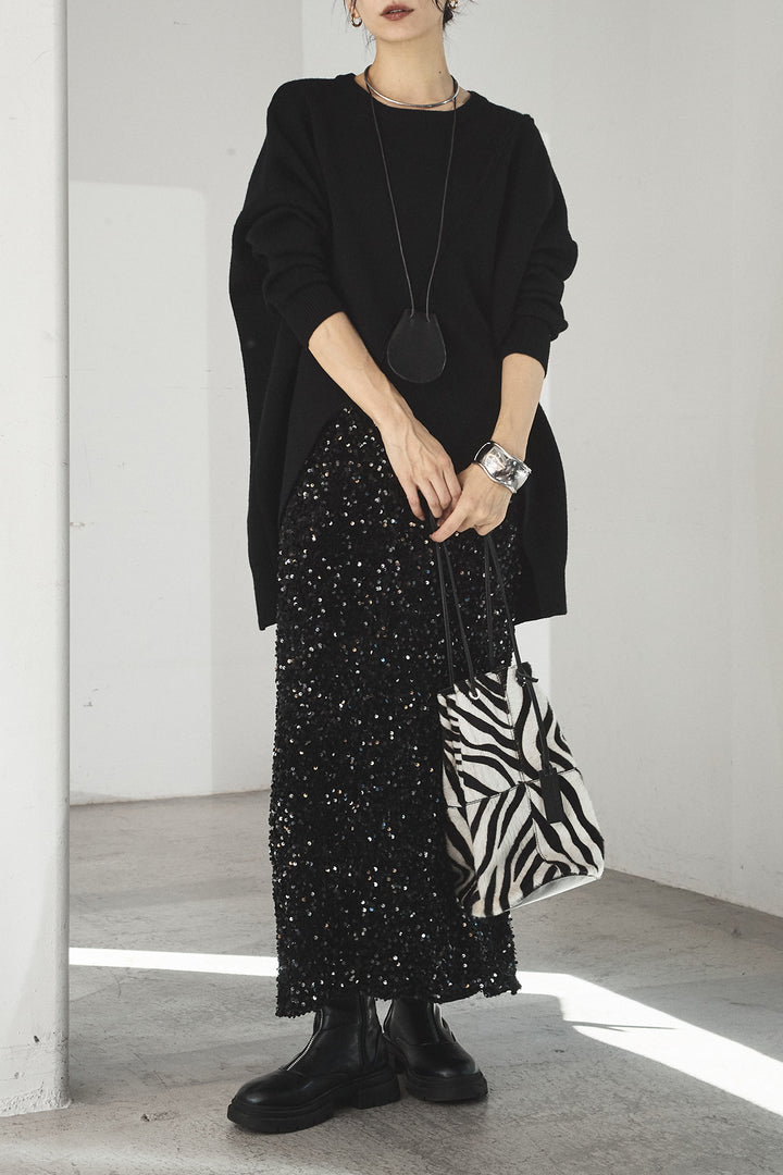[SET]アシンメトリーデザインニットトップス+スパンコールニットワイドスカート(2set)