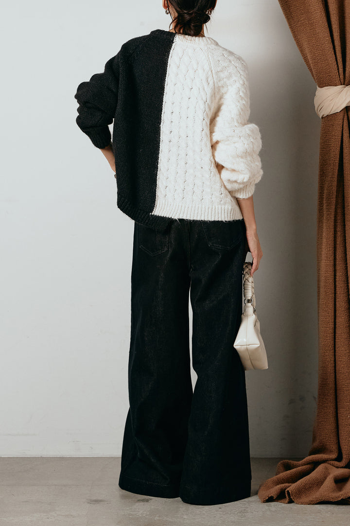 [SET]ハーフジップニットデニムドッキングトップス+ウエストダブルボタンワイドデニムパンツ(2set)