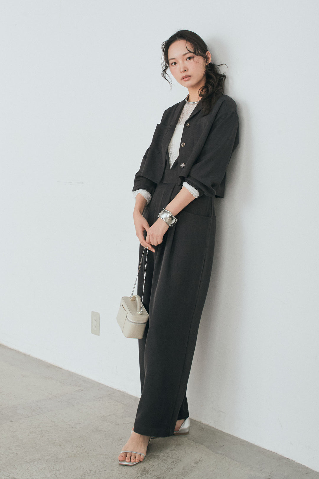 [SET]バックジップデザインショートツイルジャケット+キャミロングオールインワン(2set)