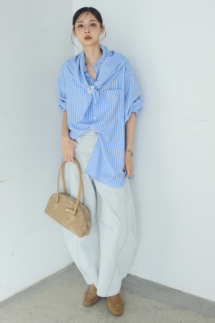 [SET]レーヨンストライプスカーフ+レーヨンストライプバンドカラー長袖シャツ(2set)