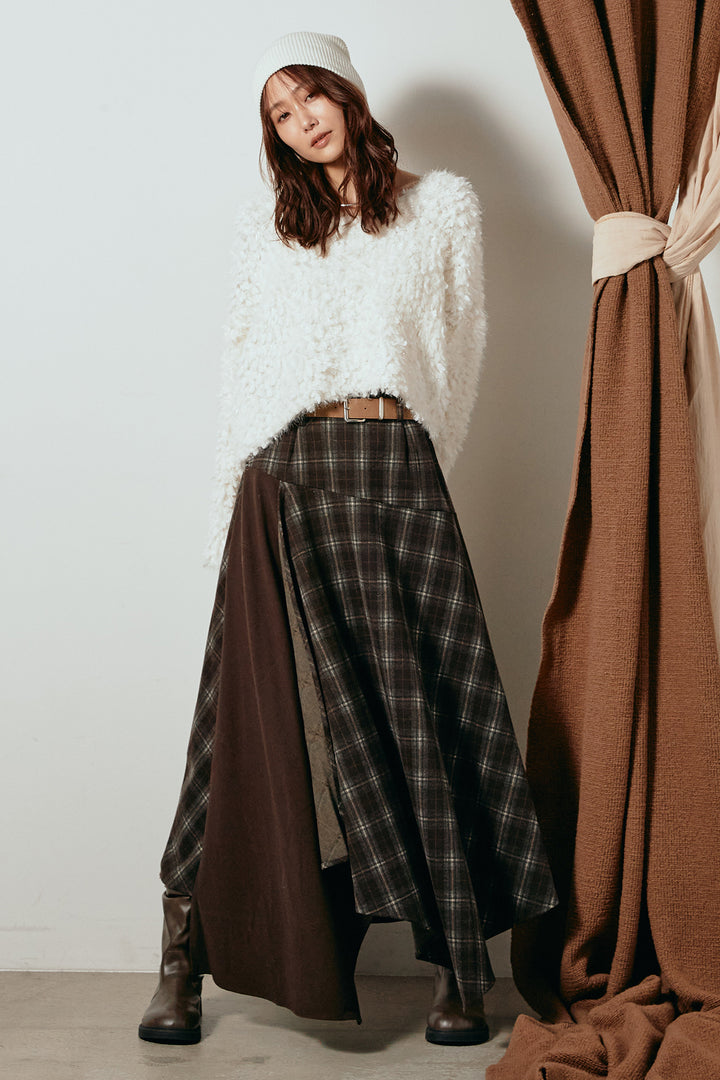 [SET]深Vネックチョウチョヤーンニットトップス+フェイクレザーベルト付き切り替えタータンチェックスカート(2set)