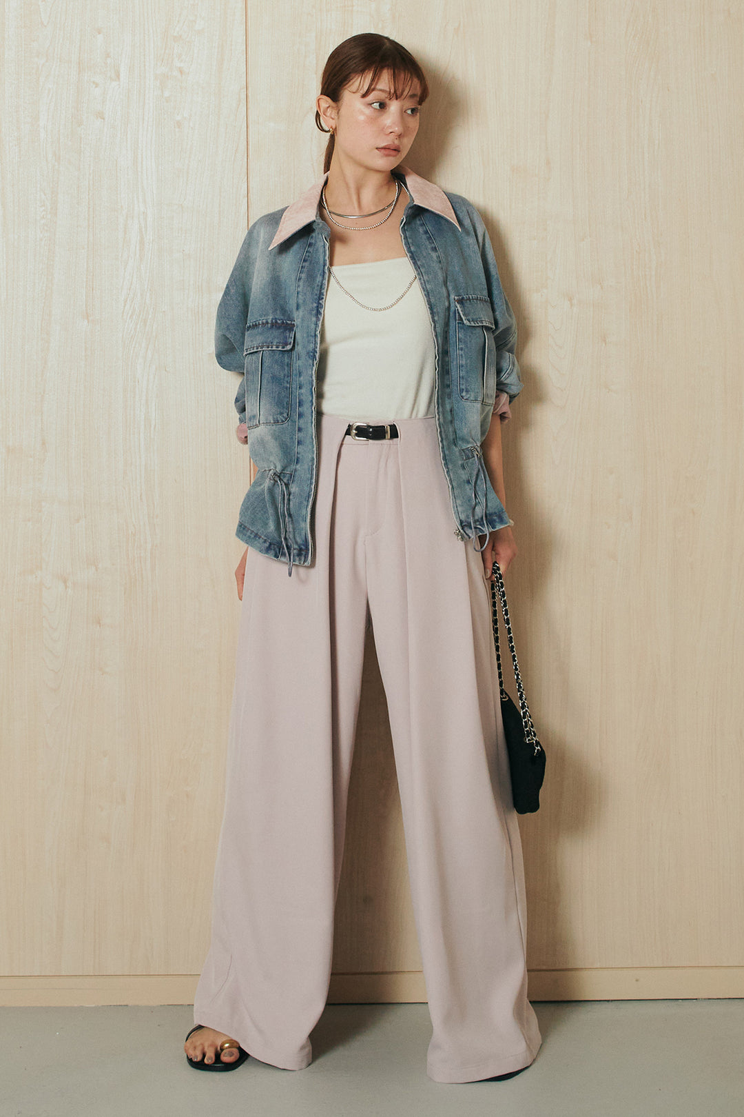 [SET]襟付き配色デニムブルゾン+ビックベルトループタックベルト付きワイドパンツ(2set)