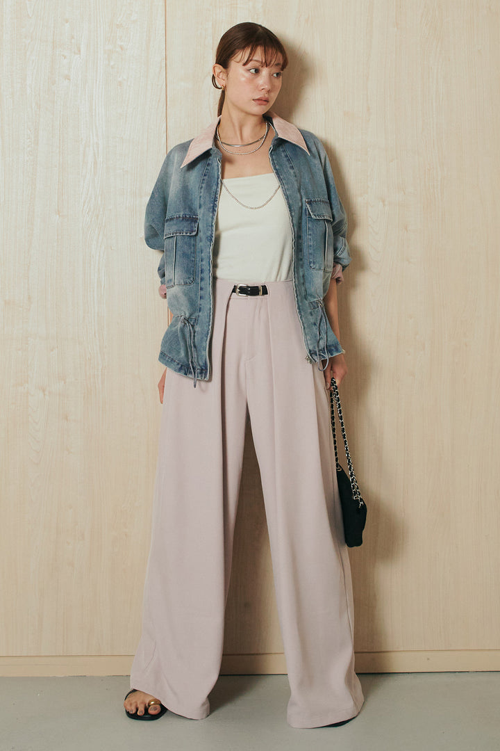 [SET]襟付き配色デニムブルゾン+ビックベルトループタックベルト付きワイドパンツ(2set)