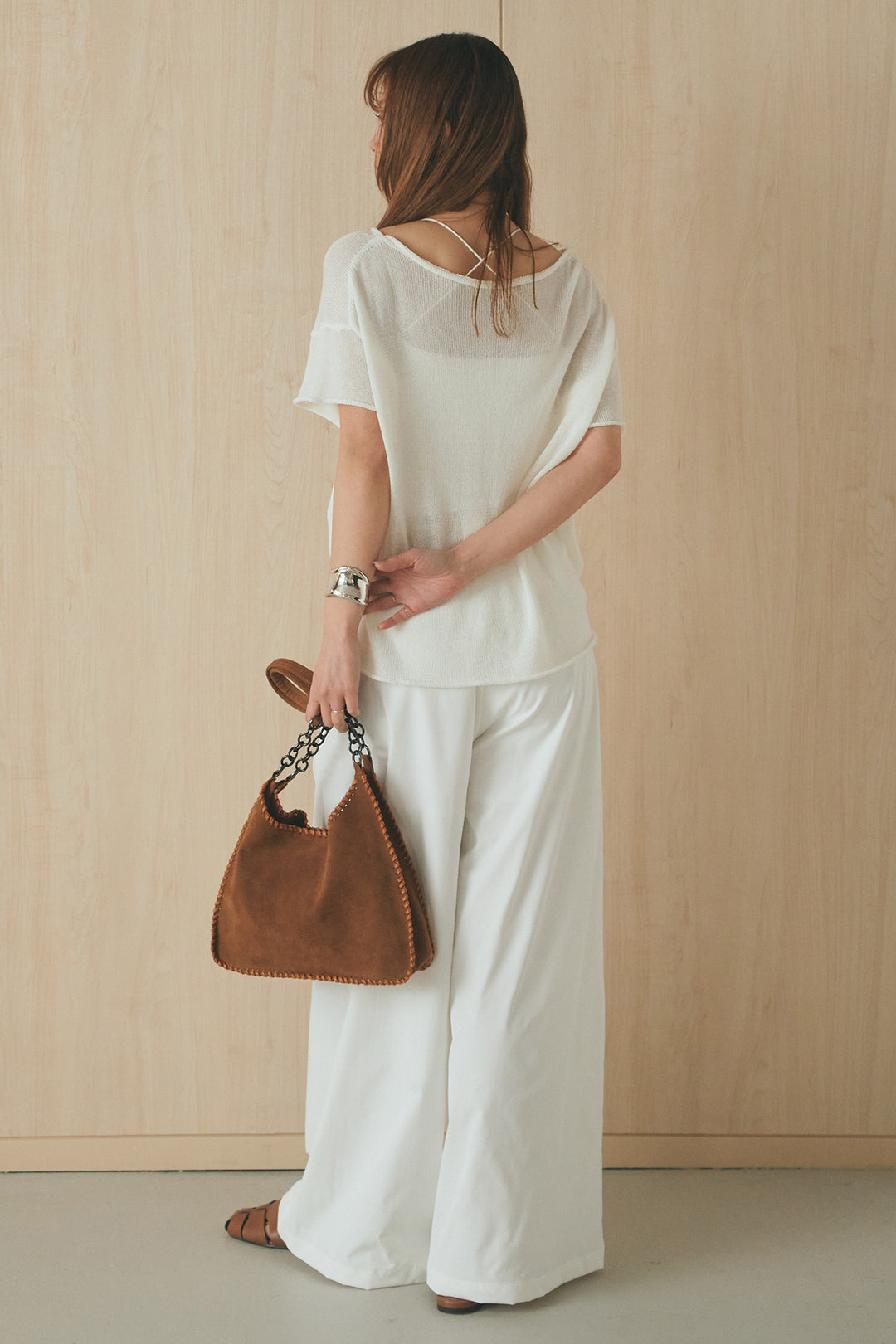 [SET]半袖モノトーングラフィックトップス+ベルトループデザインハイウエストタックパンツ(2set)