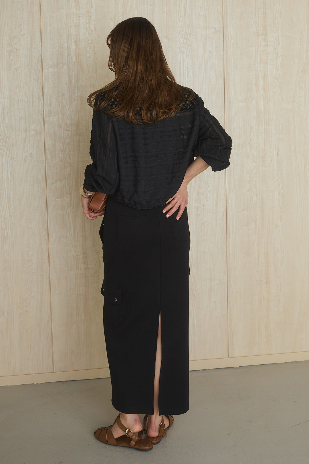 [SET]異素材切替シアーメッシュカーディガン+ドットボタン付きカットタイトスカート(2set)