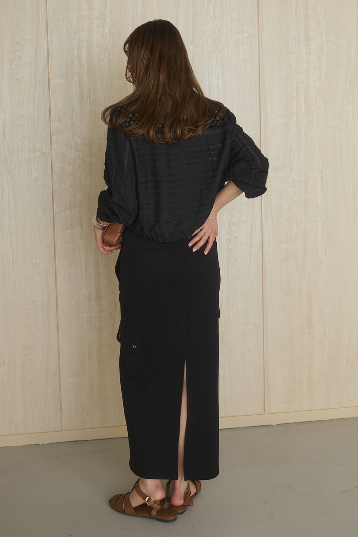 [SET]異素材切替シアーメッシュカーディガン+ドットボタン付きカットタイトスカート(2set)