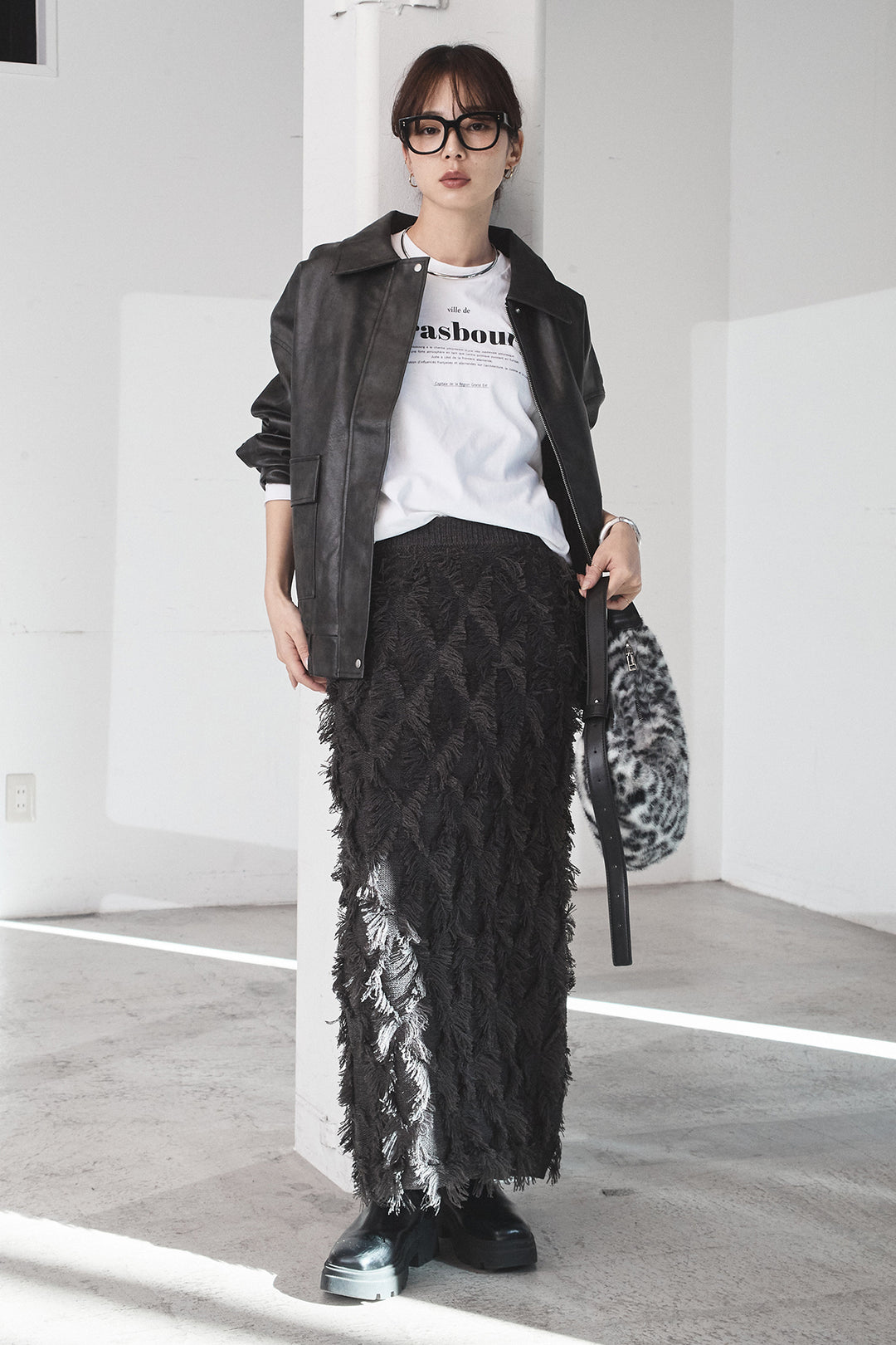 [SET]レザーライクオーバーサイズブルゾン+カットフリンジニットタイトスカート(2set)