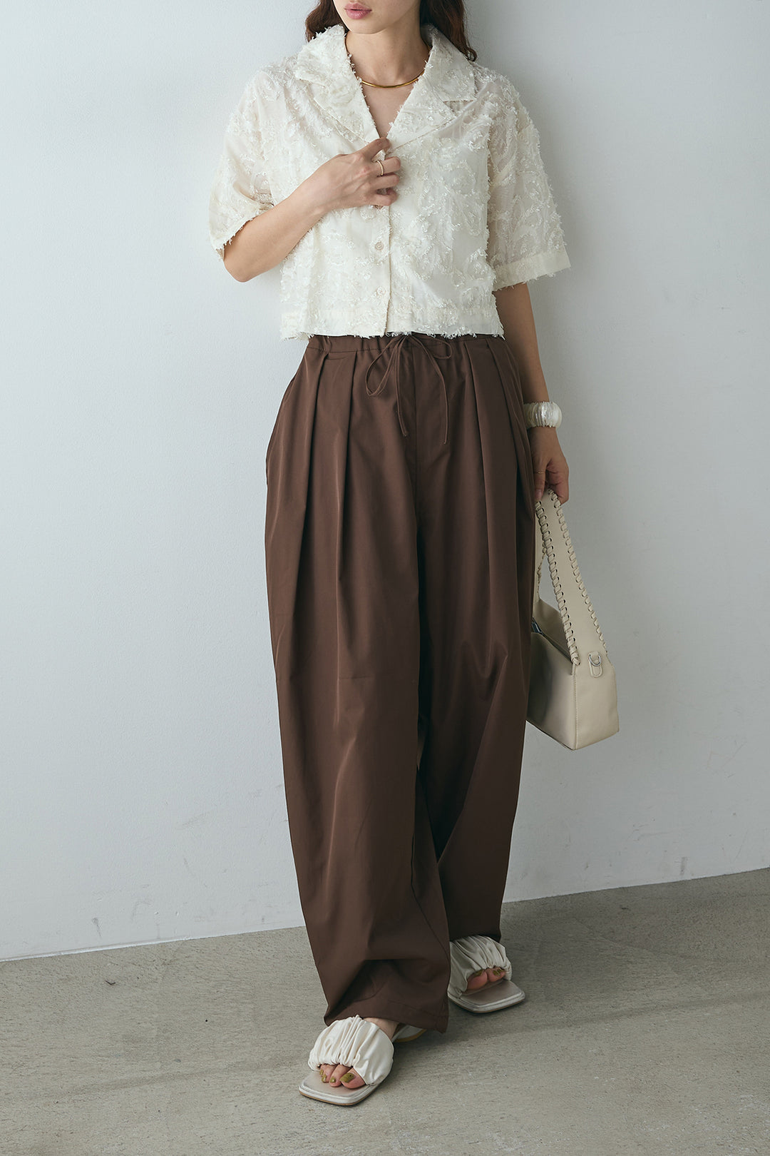 [SET]半袖オープンカラージャガード柄シャツ+タックワイドリラックスパンツ(2set)