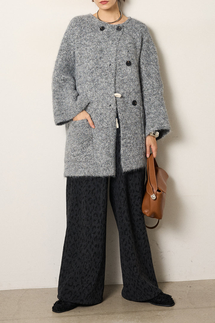 [SET]アシンメトリーボタンニットカーディガン+レオパードジャガードニットパンツ(2set)
