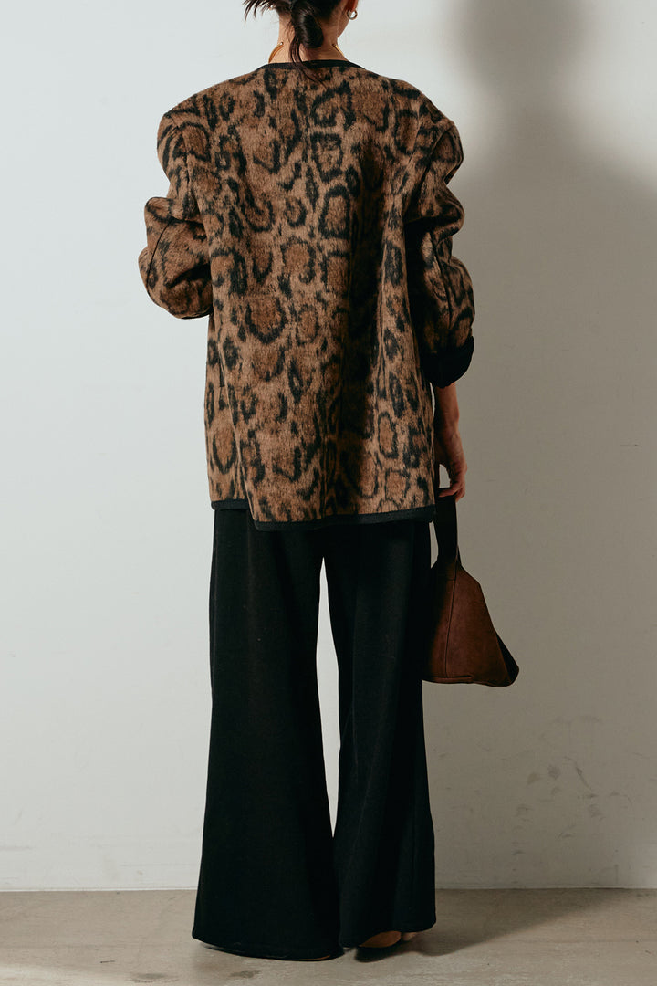 [SET]ノーカラーレオパード柄アウター+フェイクレザー太ベルト付きタックワイドパンツ(2set)