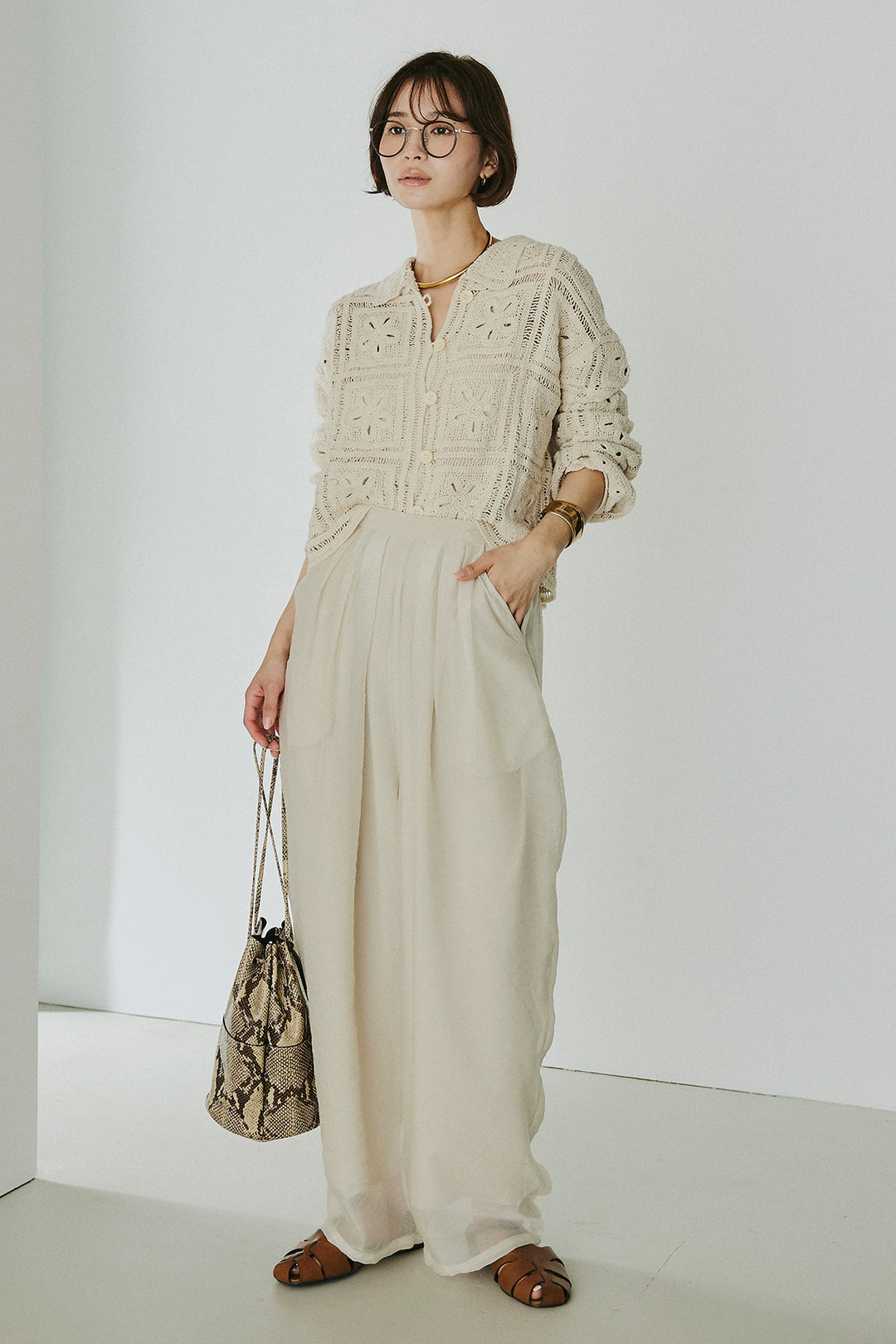 [SET]鍵編みフラワーレースカーディガン+オーガンジータックパンツ(2set)