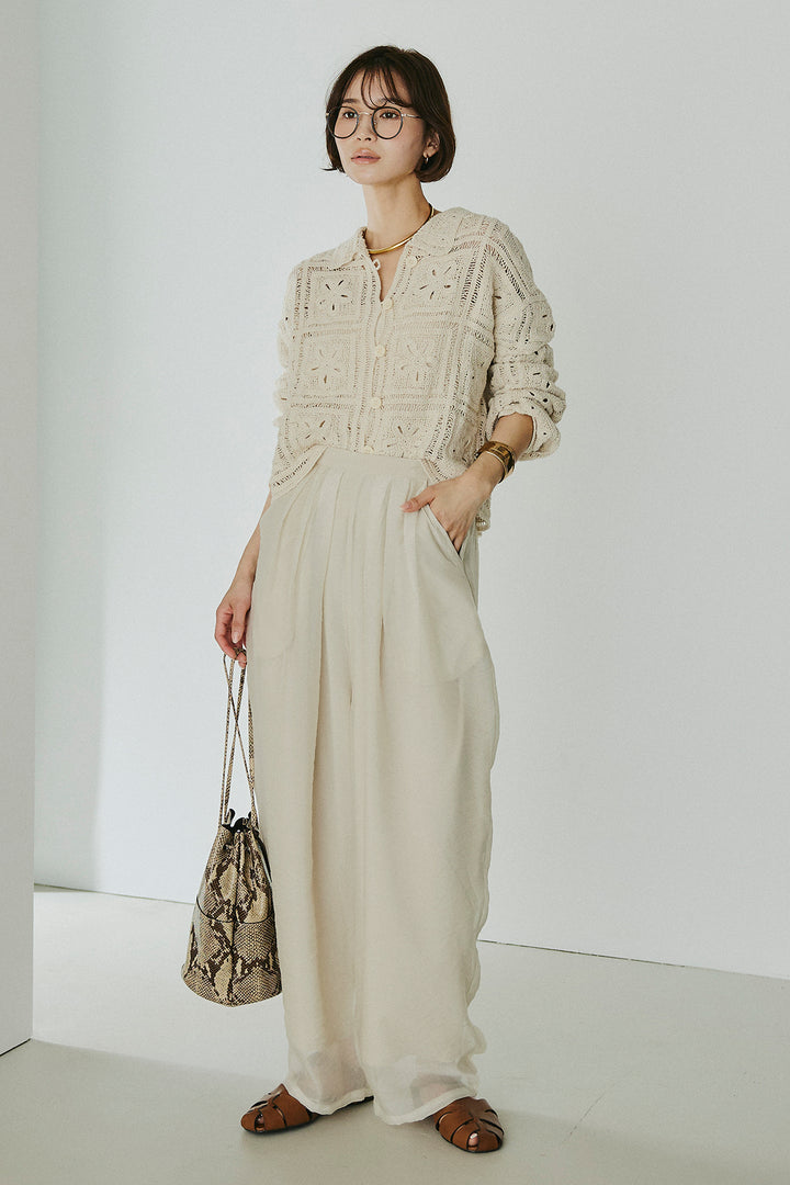 [SET]鍵編みフラワーレースカーディガン+オーガンジータックパンツ(2set)