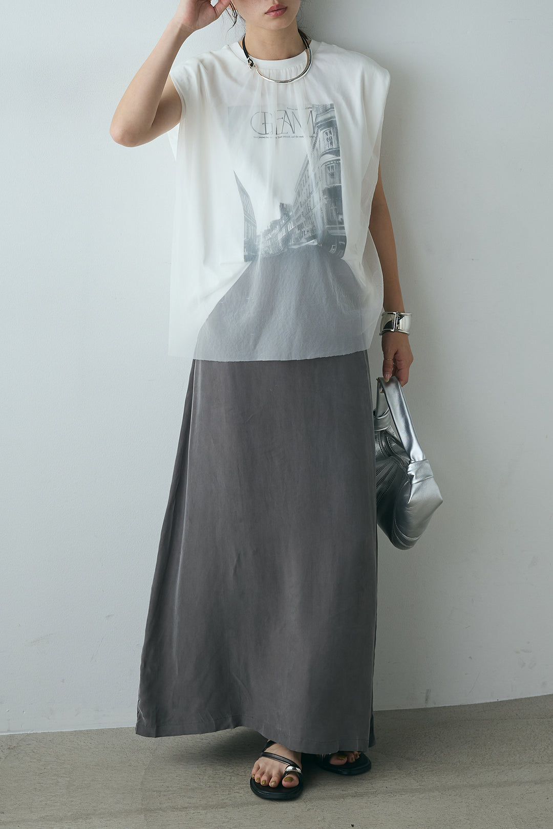 [SET]チュールレイヤードフォトプリントTシャツ+キュプラロングスカート(2set)