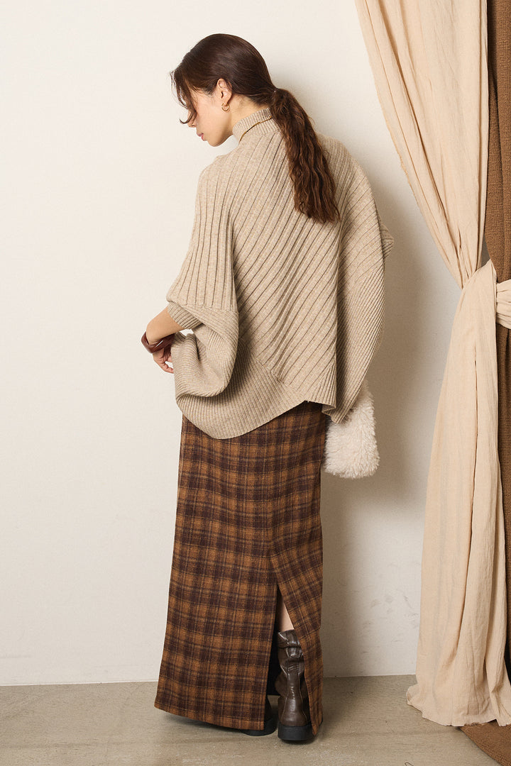 [SET]アシメデザインリブポンチョニットトップス+シャギーチェックストレートスカート(2set)