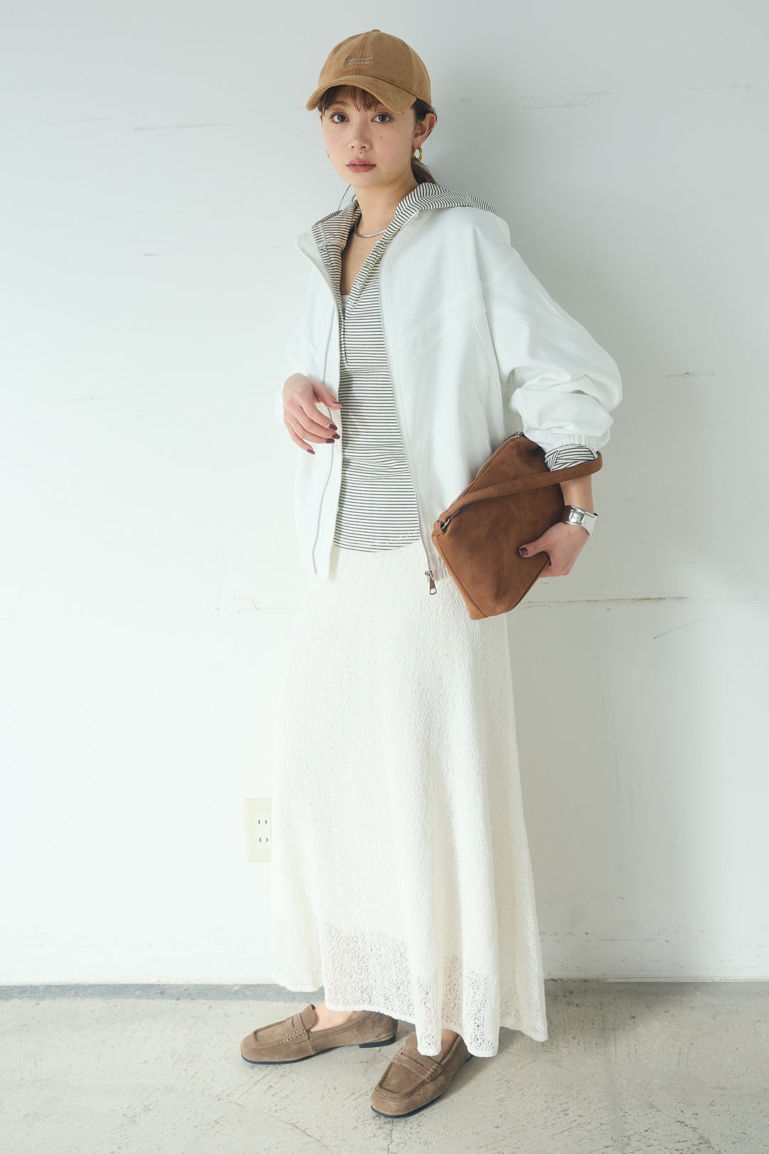 [SET]マルチ切り替えドルマンブルゾン+メッシュ刺繍ロングスカート+ボーダーフーディーロンT(3set)