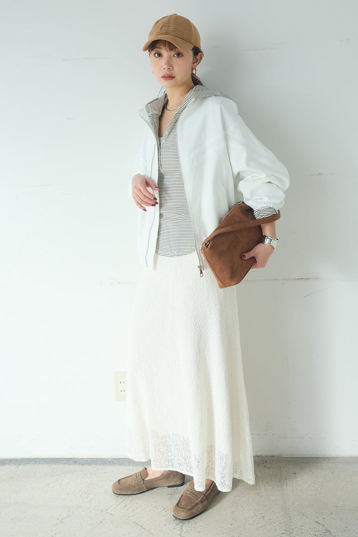 [SET]マルチ切り替えドルマンブルゾン+メッシュ刺繍ロングスカート+ボーダーフーディーロンT(3set)